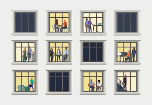 illustration of a series of windows, some unlit, some illuminated with workplace scenes